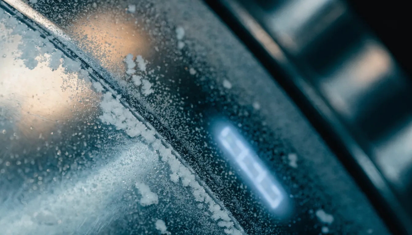 Frost and a glowing temperature gauge inside a refrigerated truck