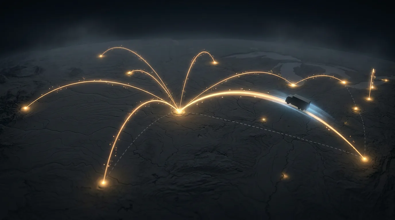 A cinematic render of the network: golden lanes converging on an anchor hub across a dark relief map