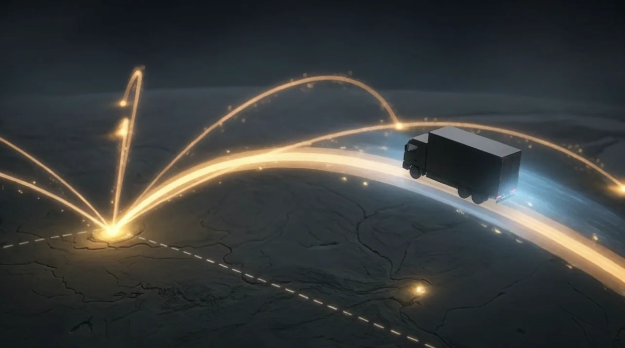 A cinematic network map: golden lanes converging on a hub while a box truck rides a lit route