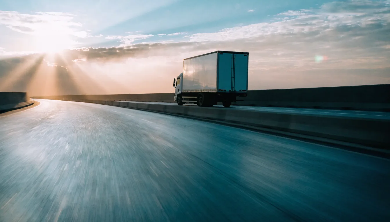 A refrigerated truck on an elevated highway at dawn