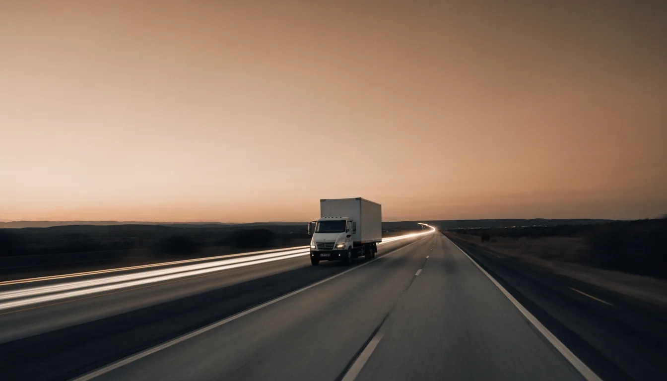 A refrigerated truck running an open highway at dusk