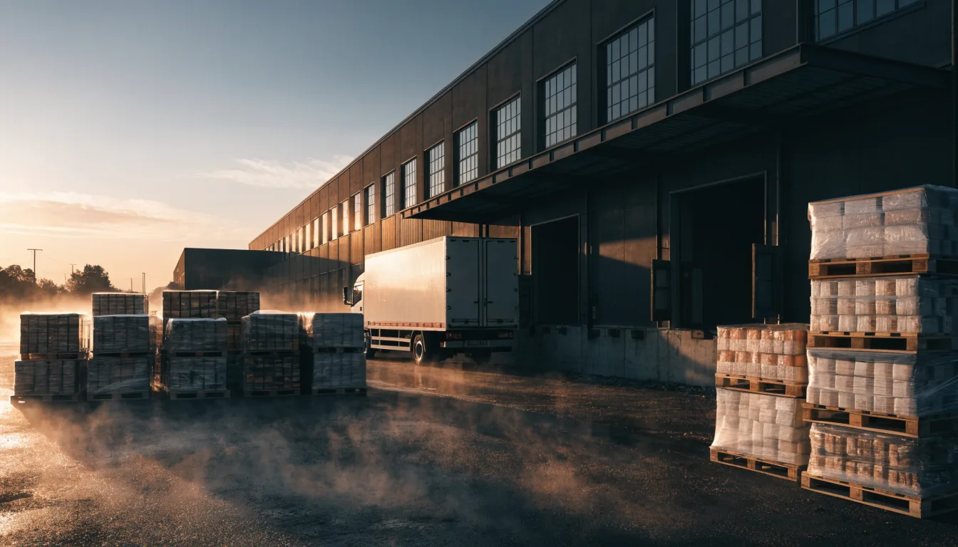A refrigerated truck backed into a manufacturer's loading dock at dawn
